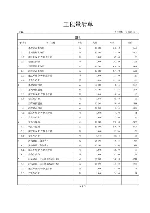 路面工程量清单.docx