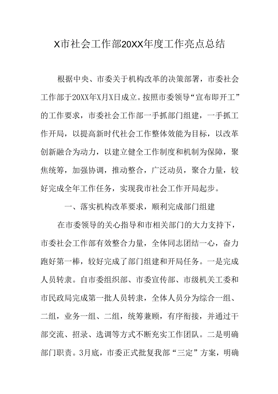 X市社会工作部20XX年度工作亮点总结.docx_第1页