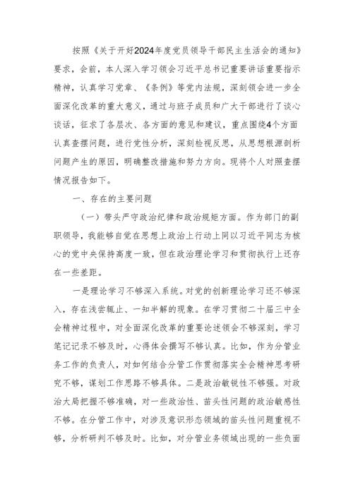 部门副职2024年度民主生活个人检查材料（四个带头）范文两篇.docx