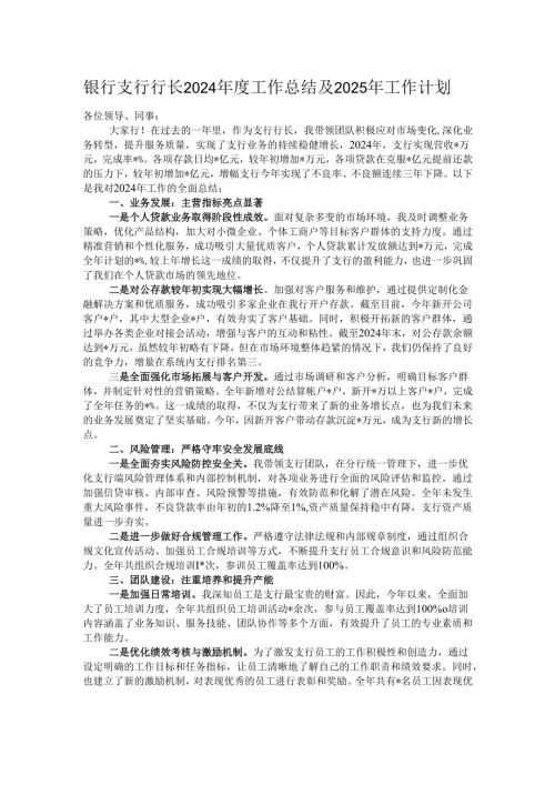 银行支行行长2024年度工作总结及2025年工作计划.docx