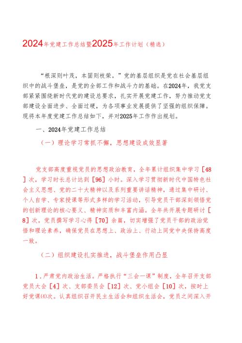 2024年党建工作总结暨2025年工作计划（精选）.docx