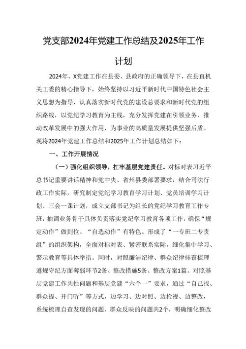 党支部2024年党建工作总结及2025年工作计划.docx