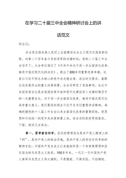 在学习二十届三中会议精神研讨会上的讲话范文.docx