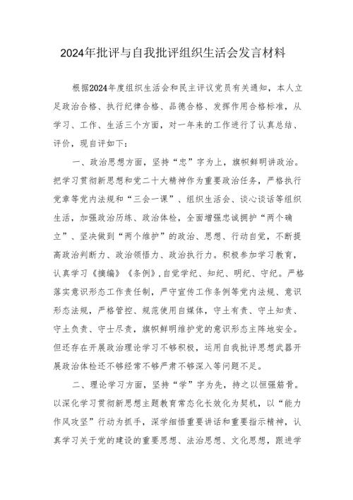 2024年批评与自我批评组织生活会发言材料2_1.docx