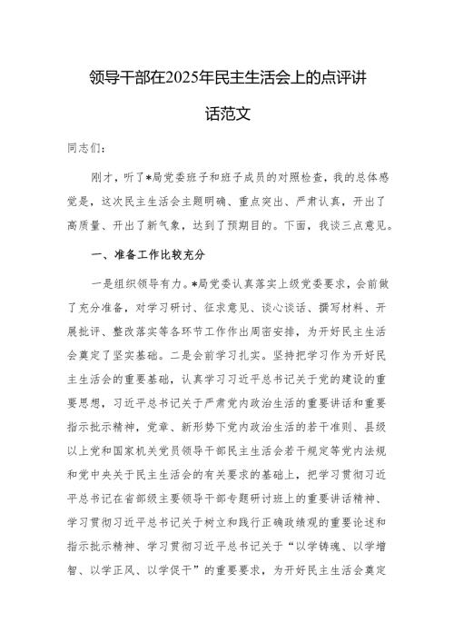 领导干部在2025年民主生活会上的点评讲话范文.docx