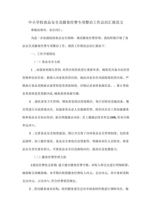 中小学校食品安全及膳食经费专项整治工作总结汇报范文.docx