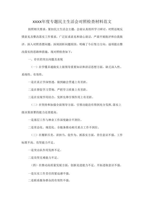 XXXX年度专题民主生活会对照检查材料范文.docx