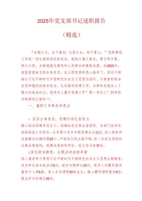 2025 年党支部书记述职报告（精选）.docx