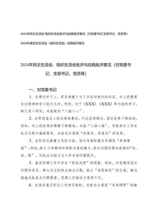 2024年民主生活会、组织生活会批评与自我批评意见（对党委书记、支部书记、党员等）+2024年度民主生活会（组织生活会）自我批评意见.docx