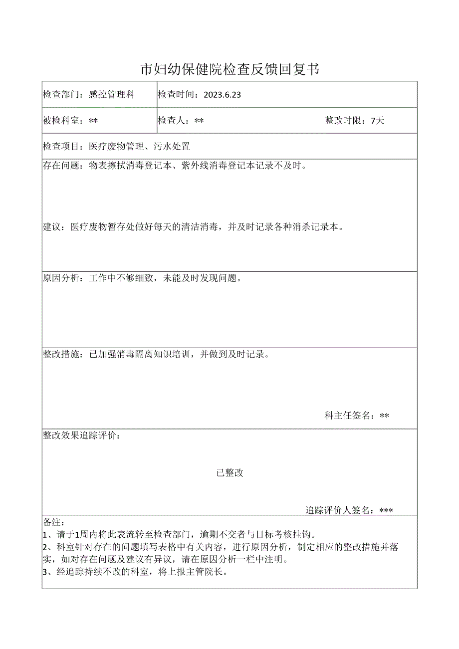 医疗废物污水检查回馈书.docx_第1页