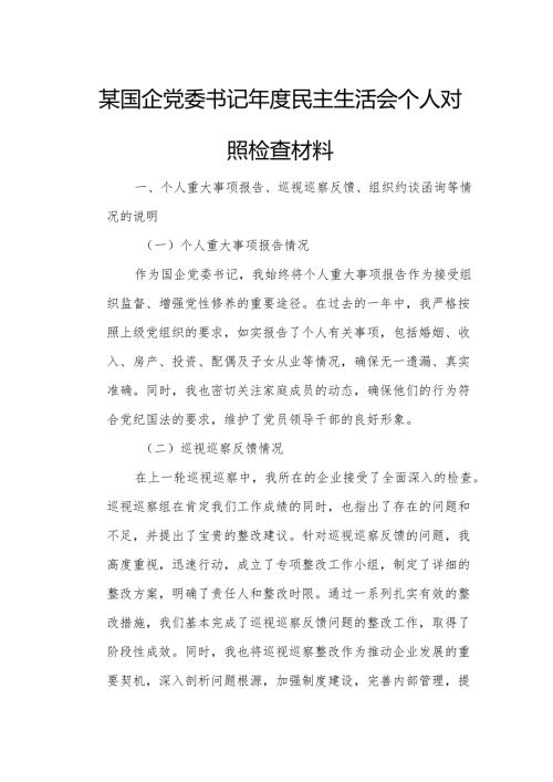 某国企党委书记年度民主生活会个人对照检查材料.docx