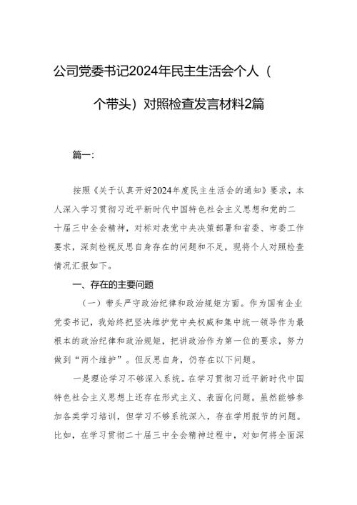 公司党委书记2024年民主生活会个人（四个带头）对照检查发言材料2篇.docx