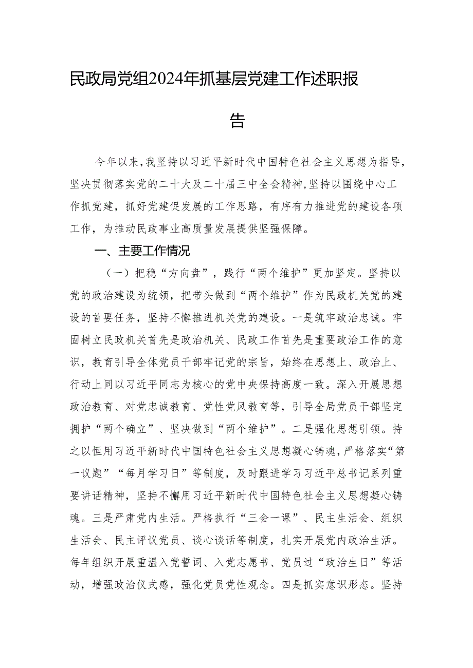 民政局党组2024年抓基层党建工作述职报告.docx_第1页
