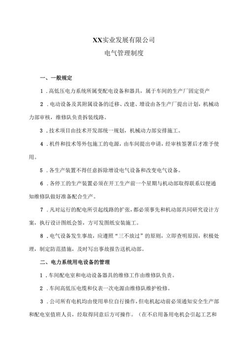 XX实业发展有限公司电气管理制度（2024年）.docx