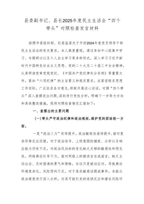 县委副书记、县长2025年度民主生活会“四个带头”对照检查发言材料.docx