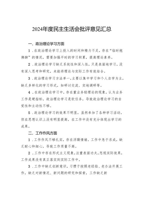 2024年度民主生活会批评意见汇总.docx