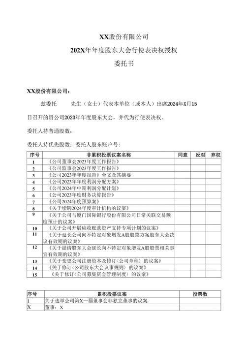 XX股份有限公司202X年年度股东大会行使表决权授权委托书（2024年）.docx