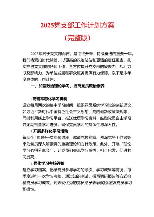 2025 党支部工作计划方案（完整版）.docx