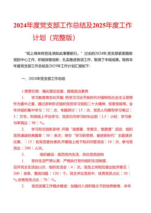 2024年度党支部工作总结及2025年度工作计划（完整版）.docx