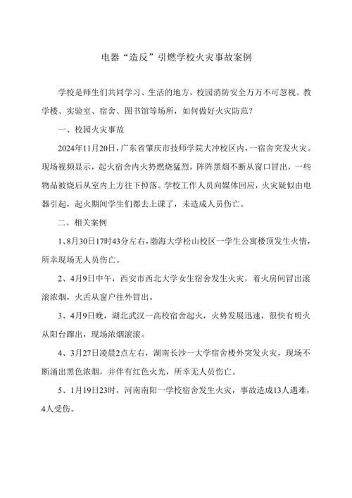 电器“造反”引燃学校火灾事故案例（2024年）.docx