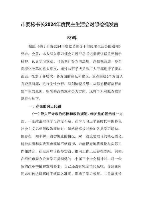 市委秘书长2024年度民主生活会对照检视发言材料.docx