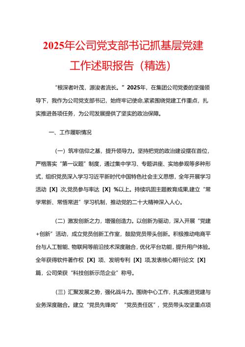 2025 年公司党支部书记抓基层党建工作述职报告（精选）.docx
