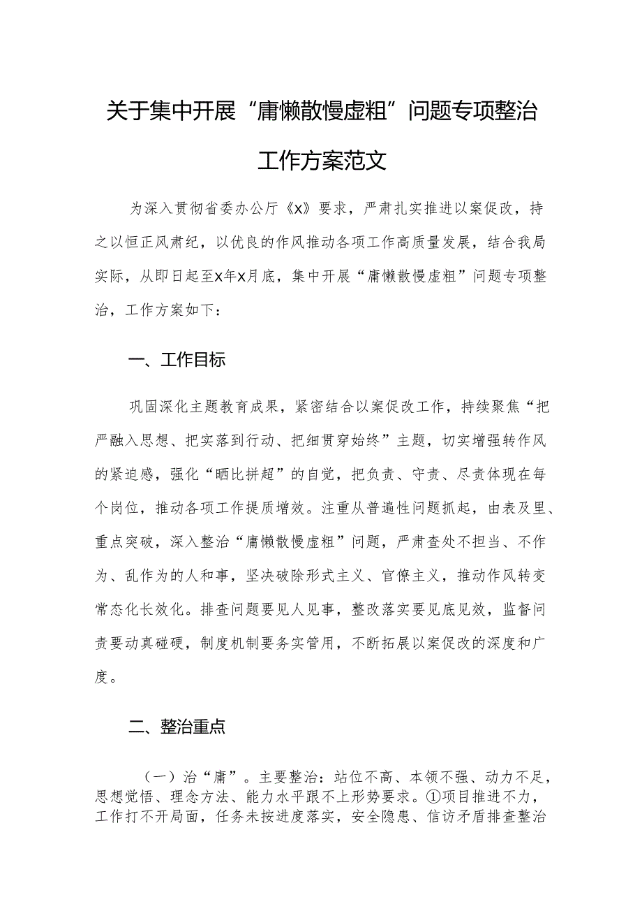 2024集中开展“庸懒散慢虚粗”问题专项整治工作方案范文.docx_第1页