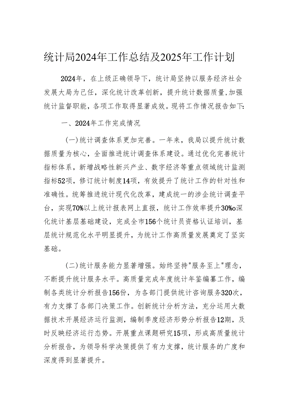 2024年工作总结及2025年工作计划（统计局）.docx_第1页