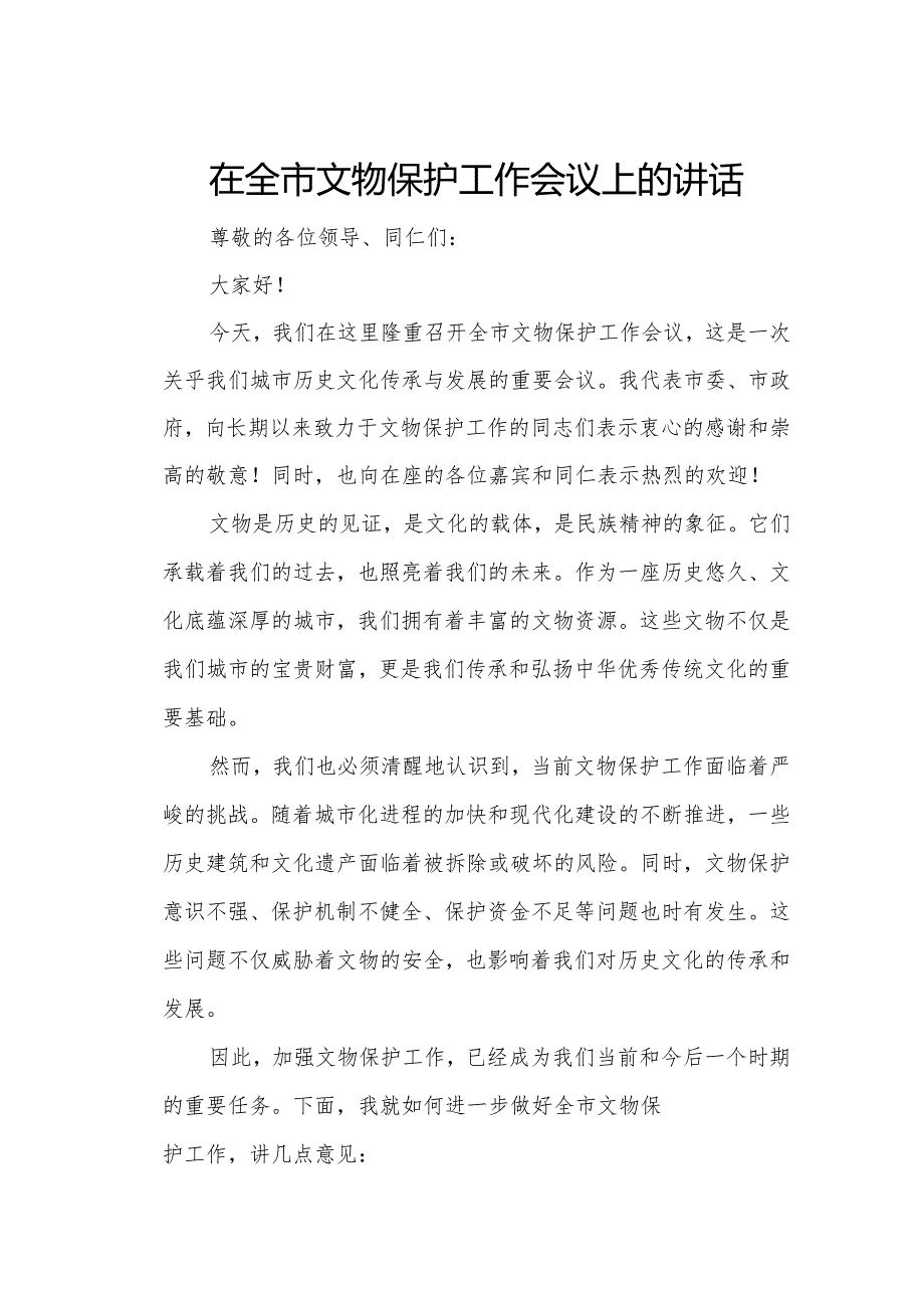 在全市文物保护工作会议上的讲话.docx_第1页