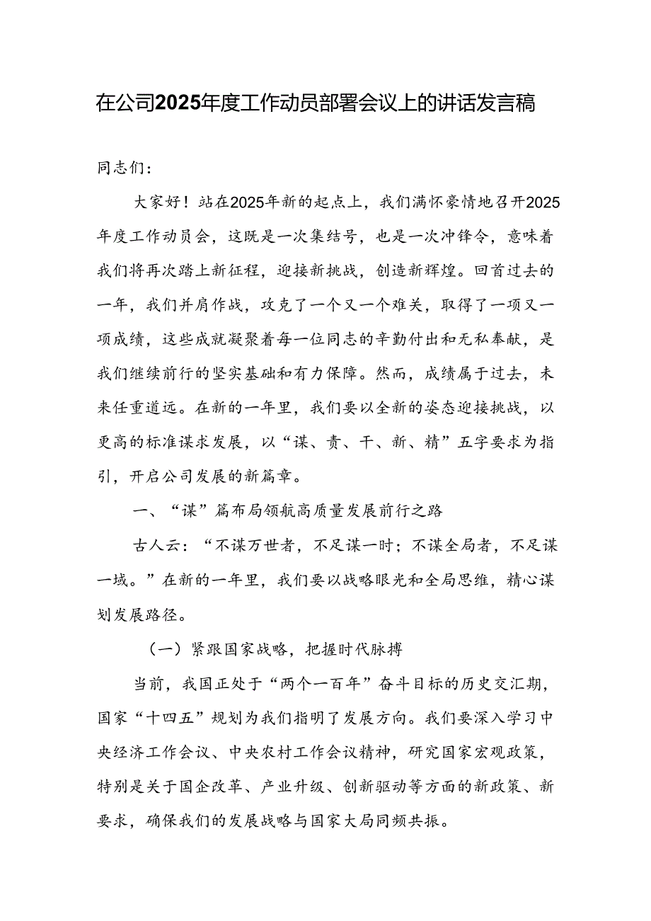 在公司2025年度工作动员部署会议上的讲话发言稿.docx_第1页