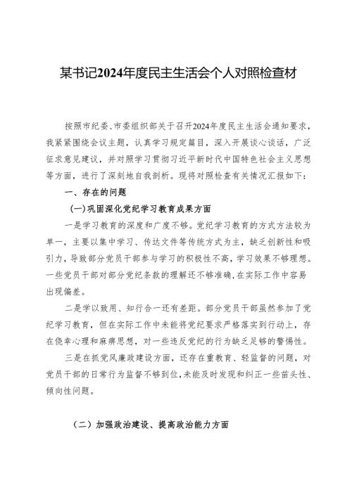 某书记2024年度民主生活会个人对照检查材料.docx