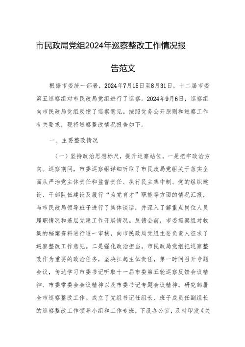 民政机关党组2024年巡察整改工作情况报告范文.docx
