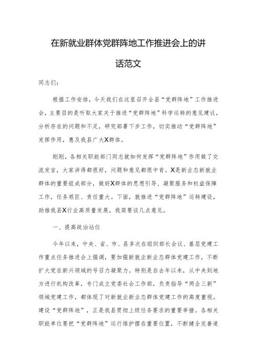 在新就业群体党群阵地工作推进会上的讲话范文.docx