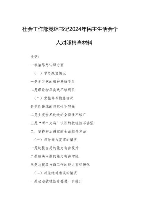 社会工作部党组书记2024年民主生活会个人对照检查材料.docx