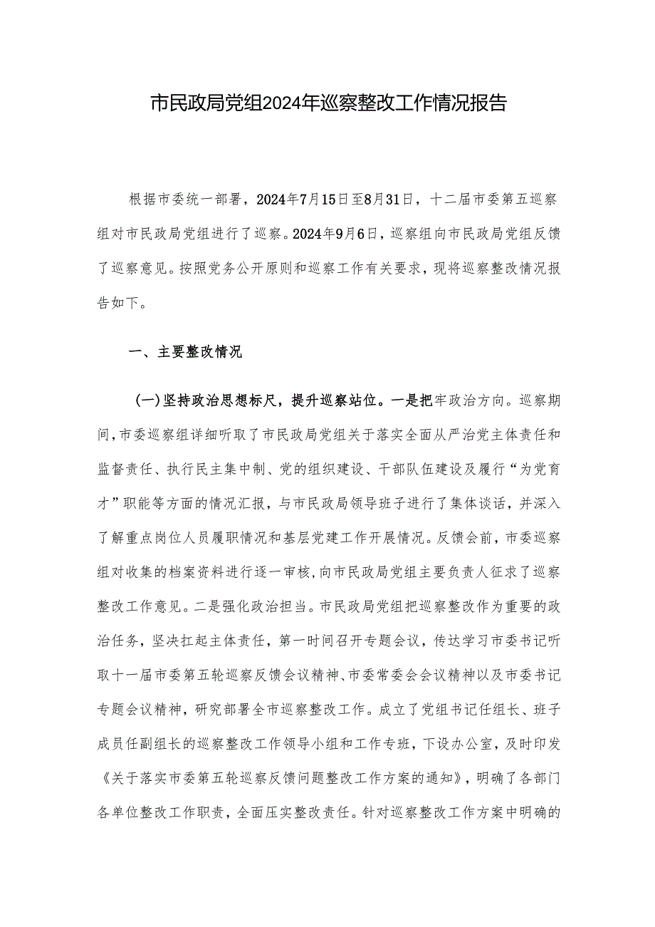 市民政局党组2024年巡察整改工作情况报告.docx_第1页