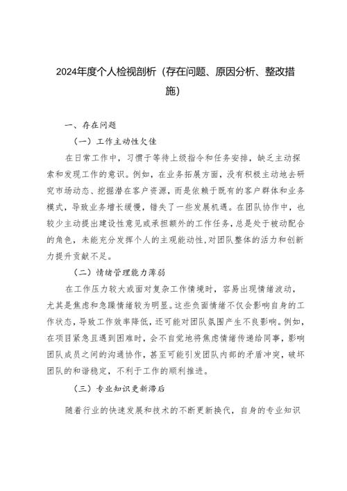 2024年度个人检视剖析（存在问题、原因分析、整改措施）.docx