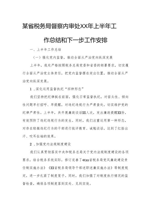 某省税务局督察内审处XX年上半年工作总结和下一步工作安排.docx