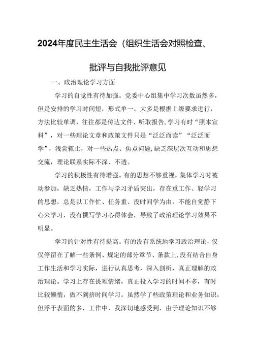 2024年度民主生活会（组织生活会）对照检查、批评与自我批评意见.docx