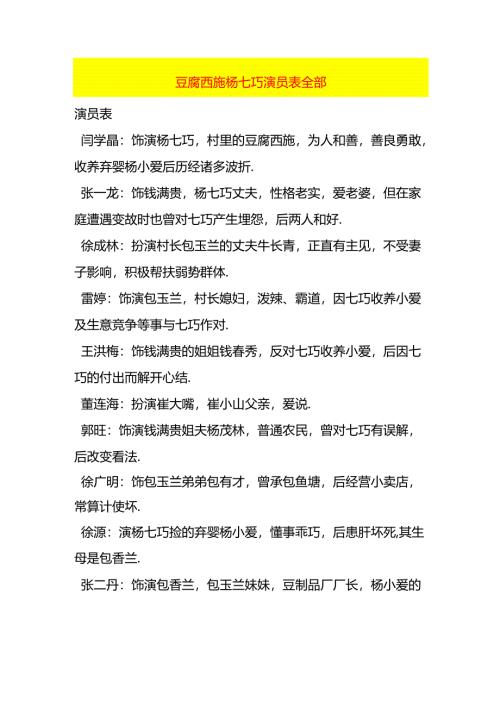 豆腐西施杨七巧演员表全部.docx