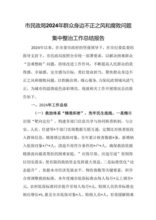 市民政局2024年群众身边不正之风和腐败问题集中整治工作总结报告.docx