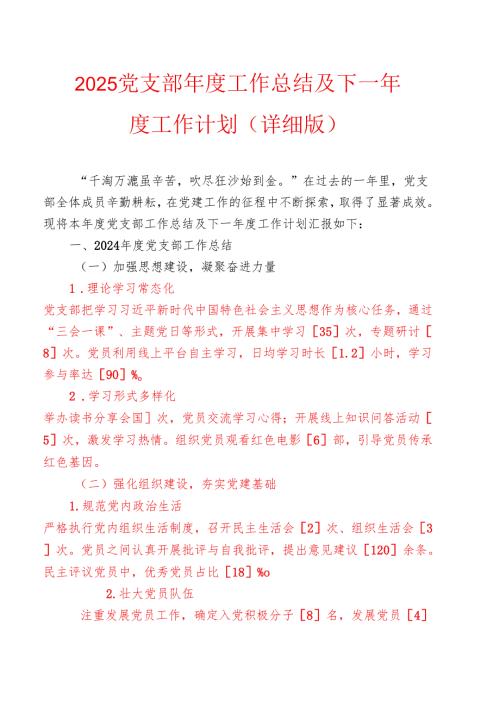 2025党支部年度工作总结及下一年度工作计划（详细版）.docx