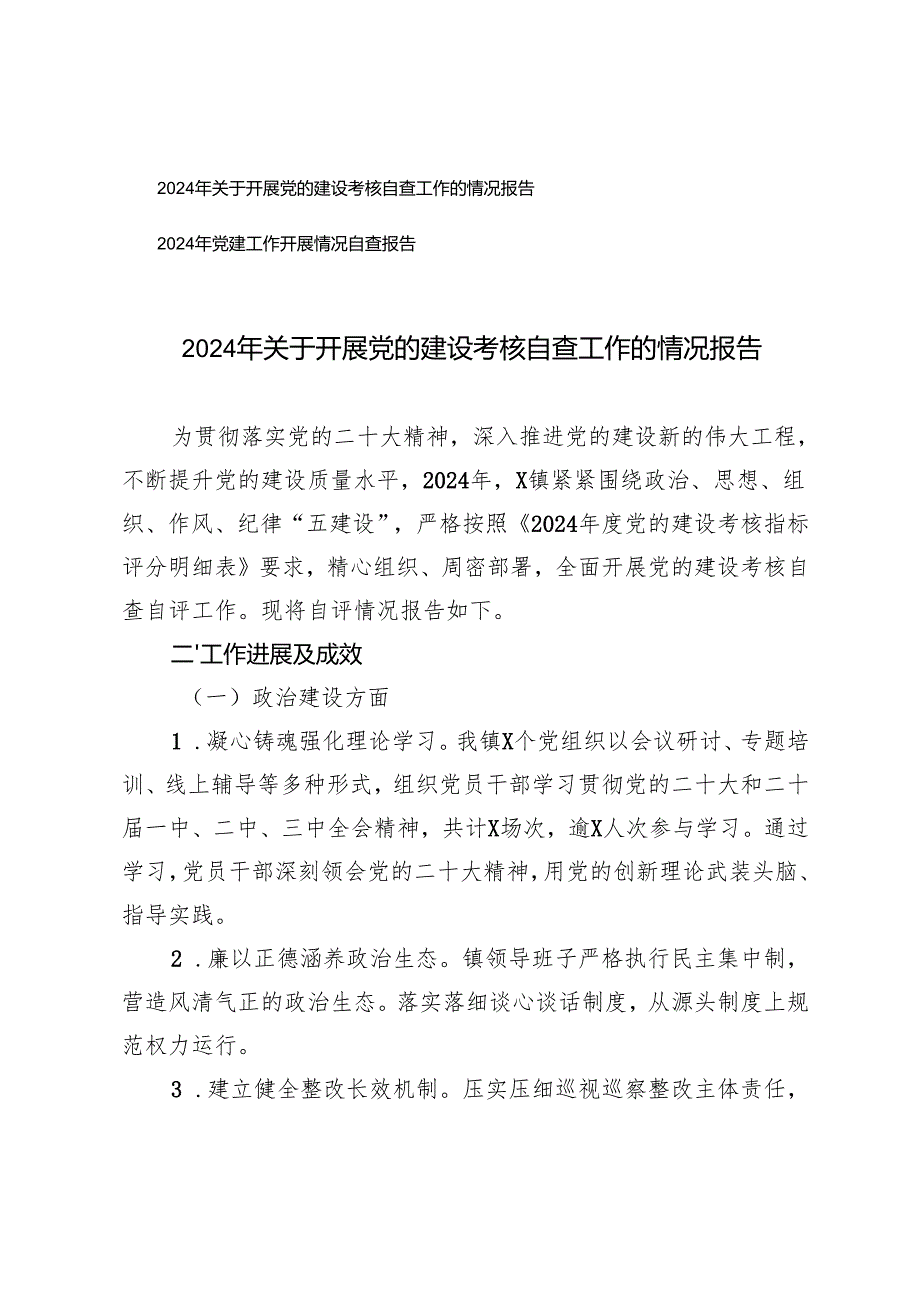 2024年关于开展党的建设考核自查工作的情况报告+党建工作开展情况自查报告.docx_第1页