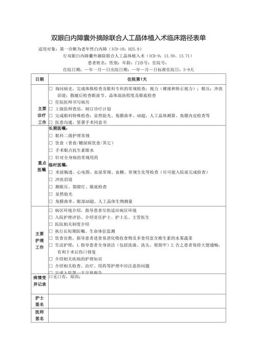 双眼白内障囊外摘除联合人工晶体植入术临床路径表单.docx