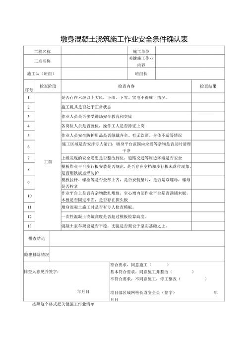 墩身混凝土浇筑施工作业安全条件确认表.docx