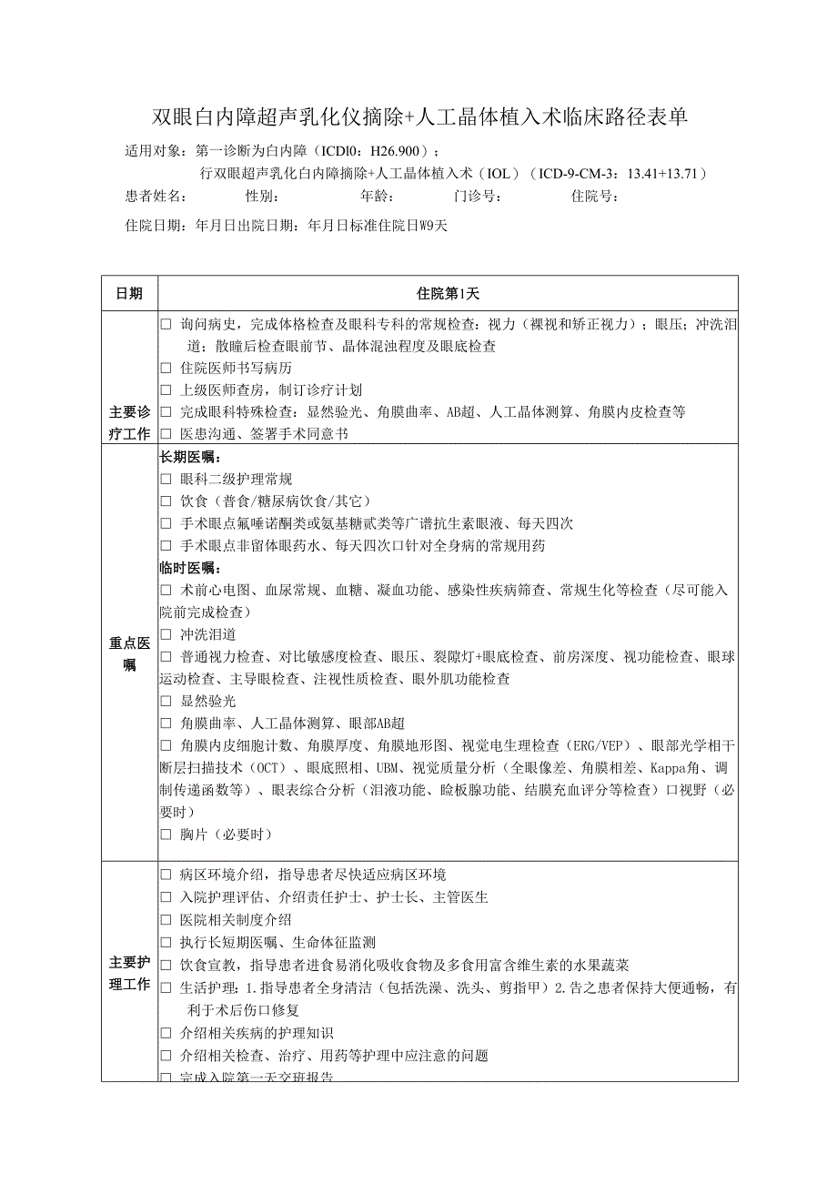 双眼白内障超声乳化仪摘除+人工晶体植入术临床路径表单.docx_第1页