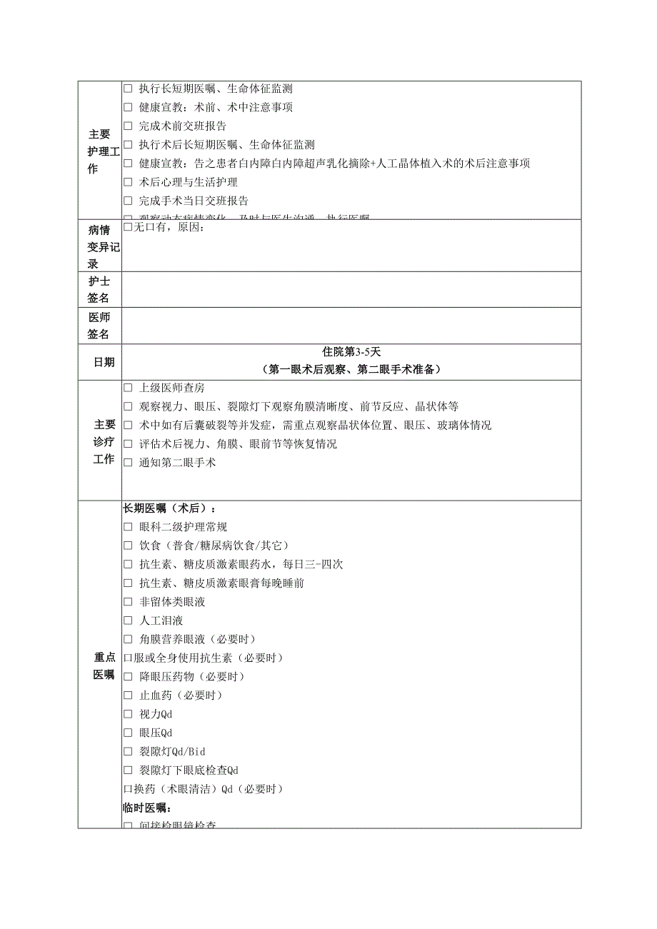 双眼白内障超声乳化仪摘除+人工晶体植入术临床路径表单.docx_第3页