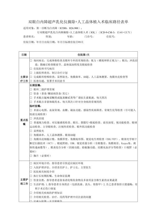 双眼白内障超声乳化仪摘除+人工晶体植入术临床路径表单.docx