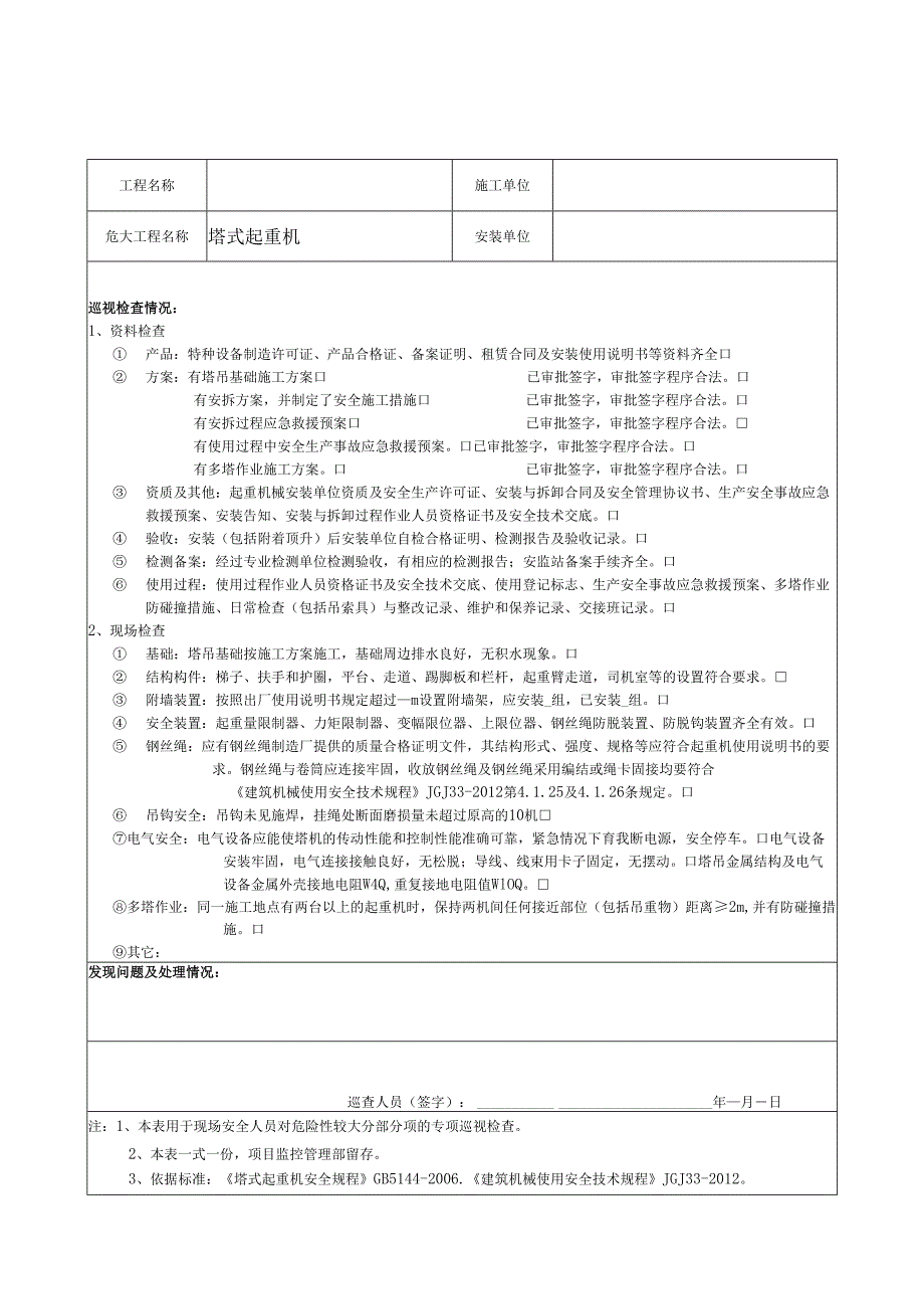 房屋建筑工程 危险性较大分部分项工程巡检记录表.docx_第1页