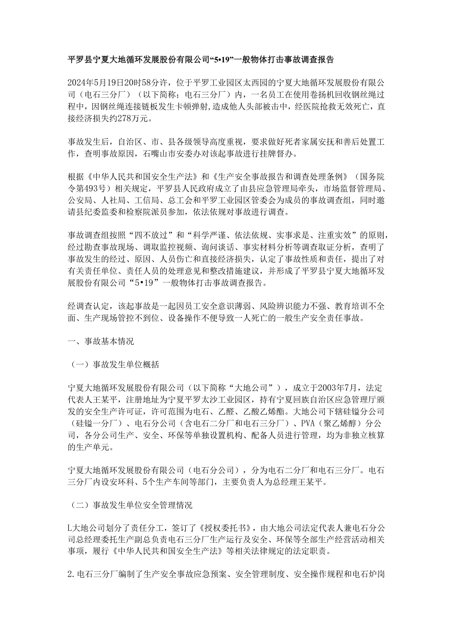 宁夏大地循环 一般物体打击事故调查报告.docx_第1页