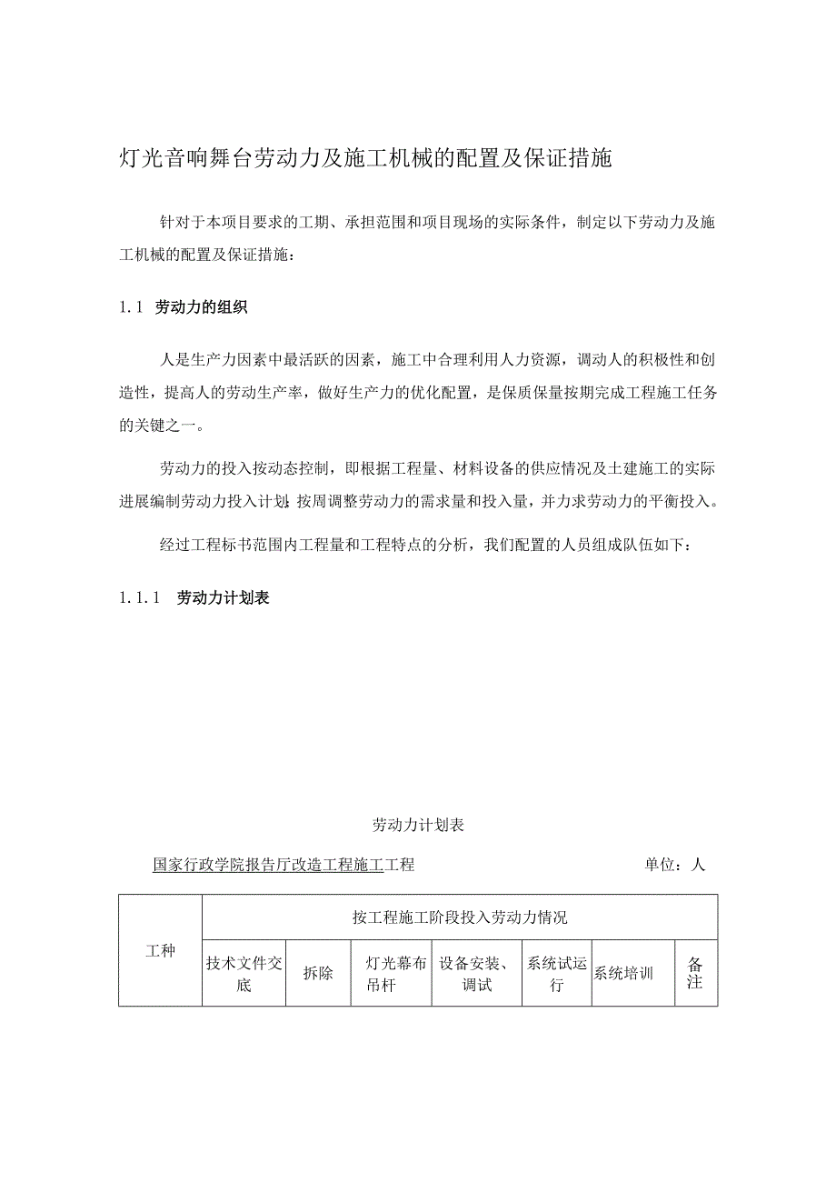 灯光音响舞台劳动力及施工机械的配置及保证措施.docx_第1页